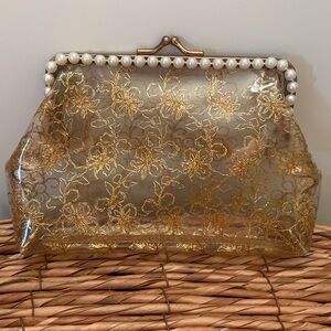 Vintage Gold Floral Plastic Small Evening Clutch Pearl Trim Bag
